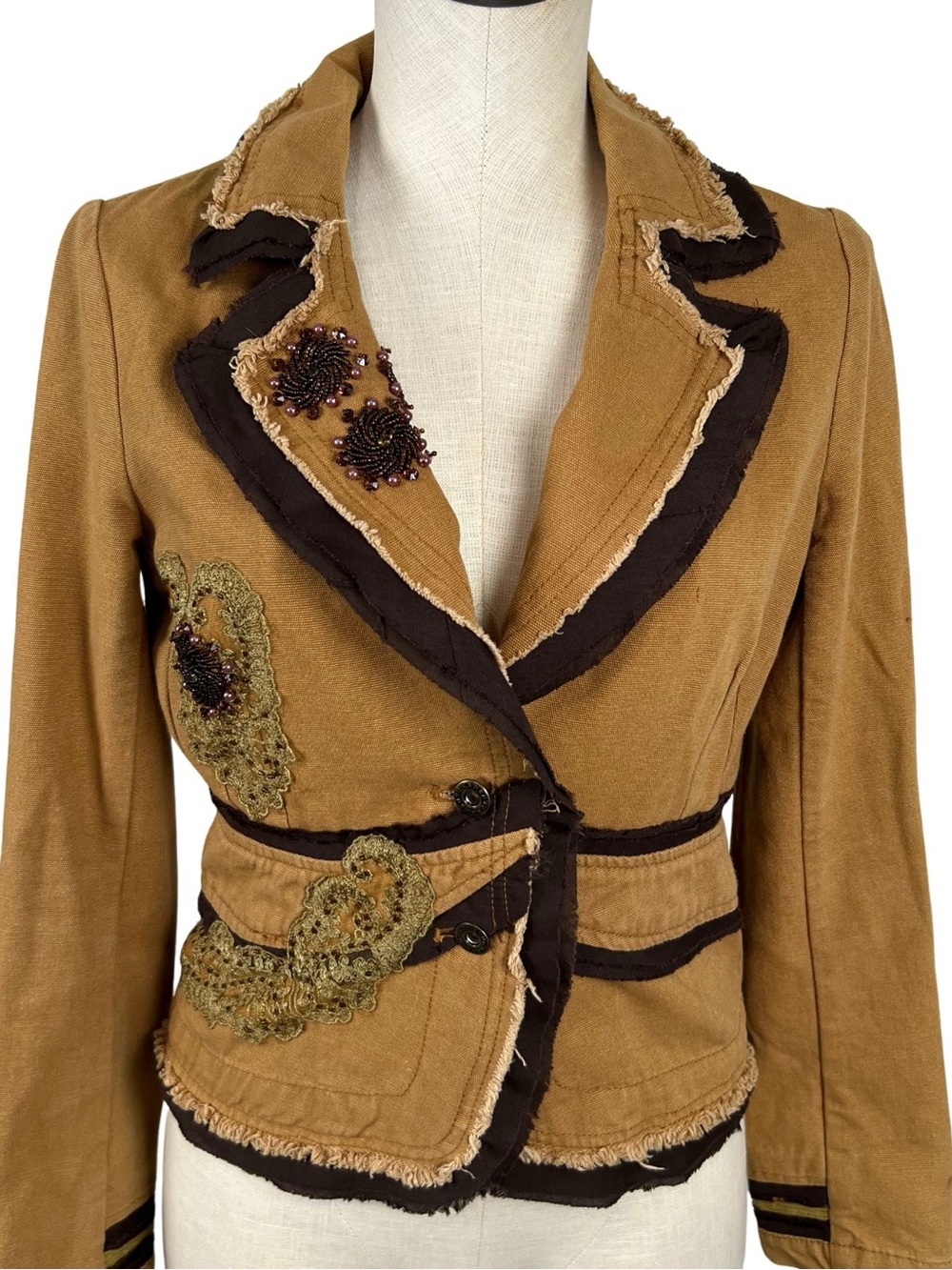 Rhapsody Y2K Beaded Lace Applique Canvas Jacket Boho Small Cotton